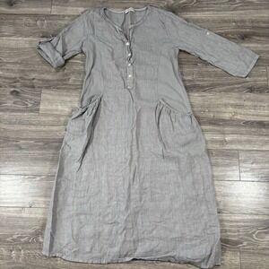 Terzo Millennio 100% Linen Dress Womens L Lagenlook Gray Button Pocket Midi Boho